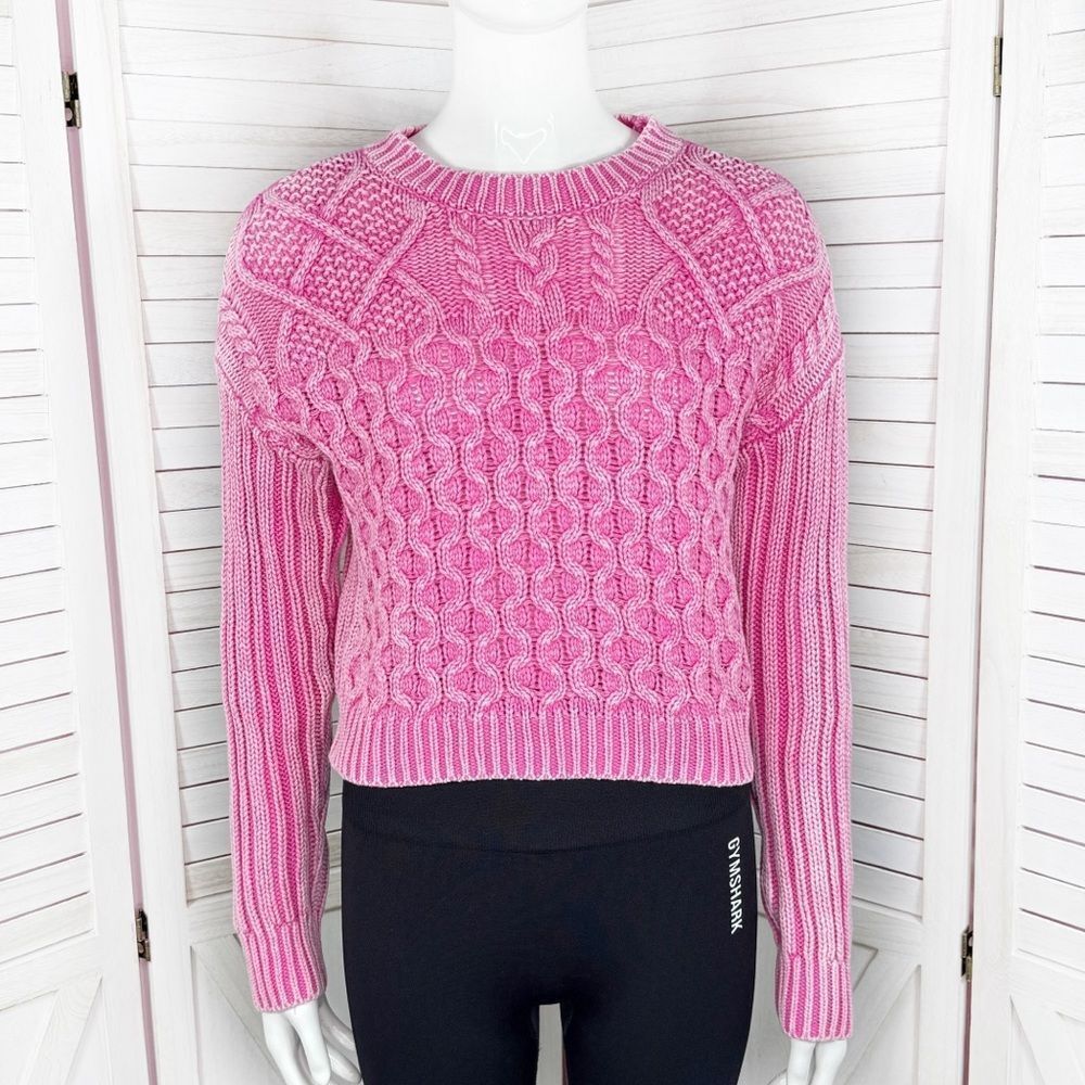 Aeropostale Cropped Cable Knit Sweater Distressed Pink‎ XS Preppy Twee Fisherman
